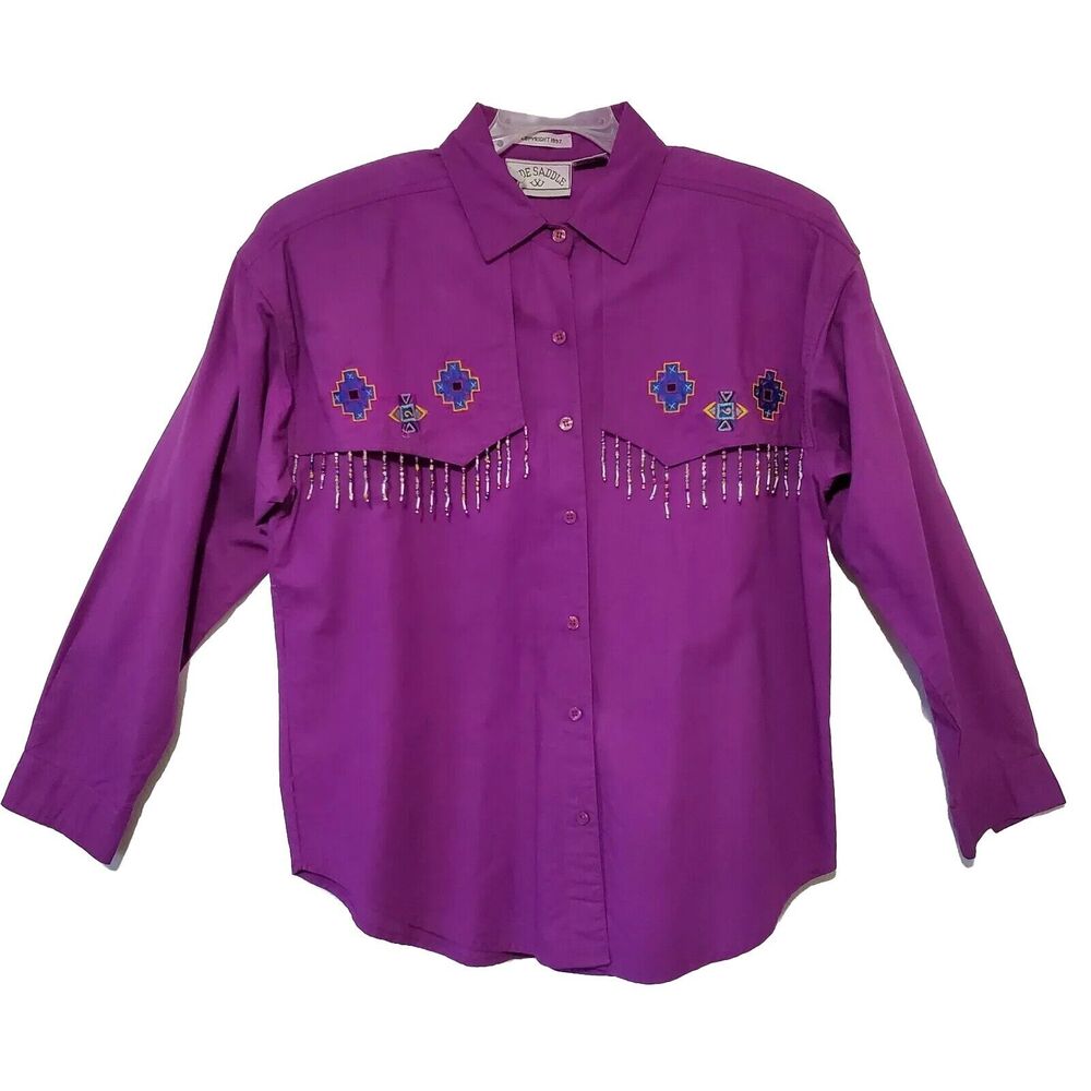 Vintage Side Saddle Western Shirt Womens M Purple Beaded LS Rodeo Ranch Top